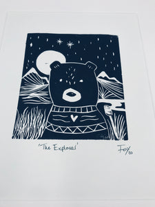 The Explorer bear lino print