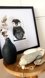 Lino Print Framed 'Solo Penguin'