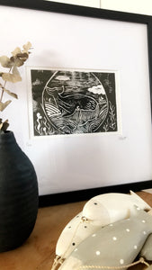 Lino Print Framed 'Whale watching'