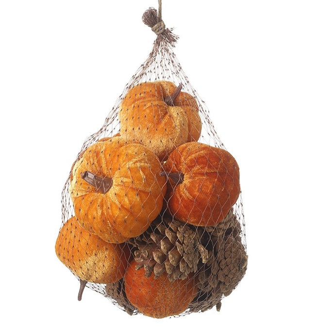 Bag of velvet pumpkins and pine cones