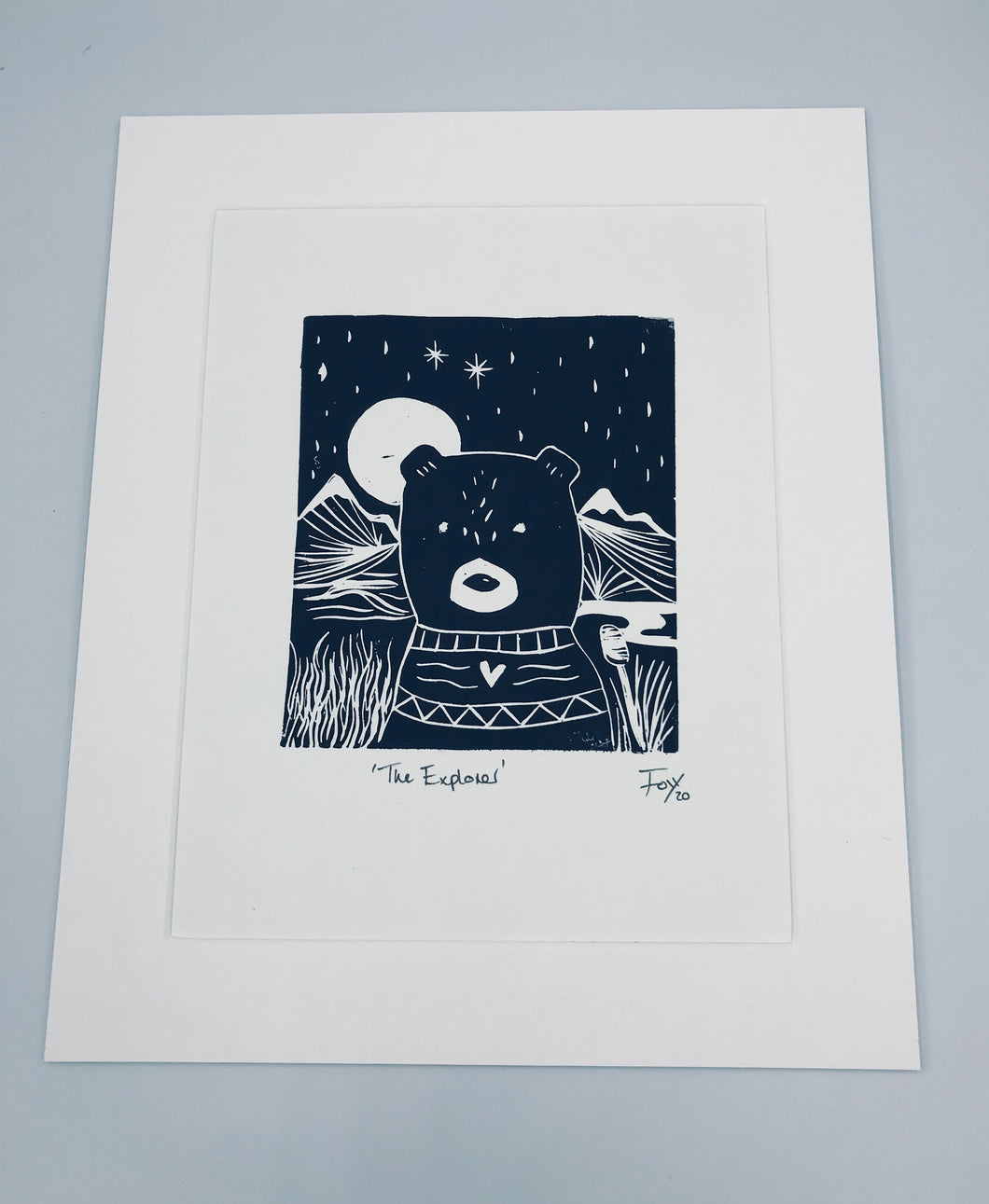The Explorer bear lino print