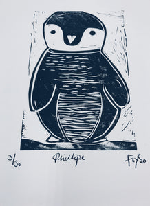 Phillipe Penguin lino print