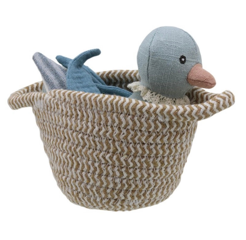 Blue duck in a basket